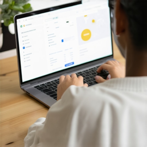 GMB Optimization in Action Person working on Google My Business profile on a laptop with SEO graphics.