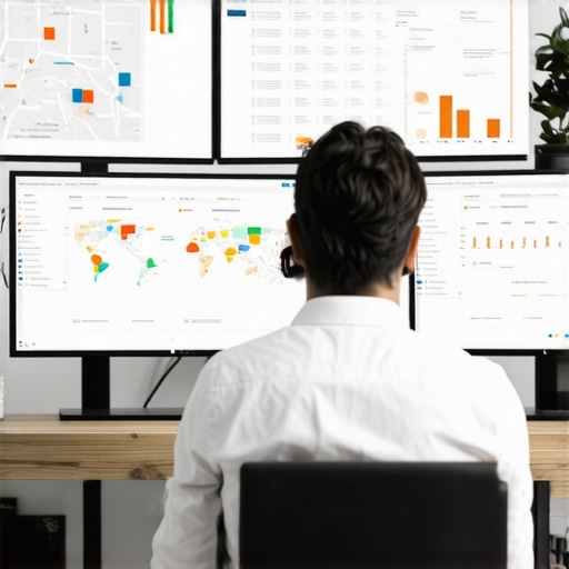 Expert analyzing Google My Business rankings and maps on multiple monitors.