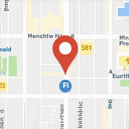 A map illustration showing a business location surrounded by landmarks and geotags.