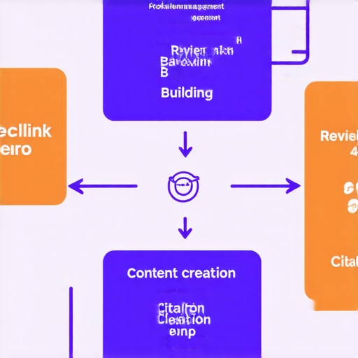 Diagram of local SEO strategies including profile optimization, link building, reviews, content, and citations.