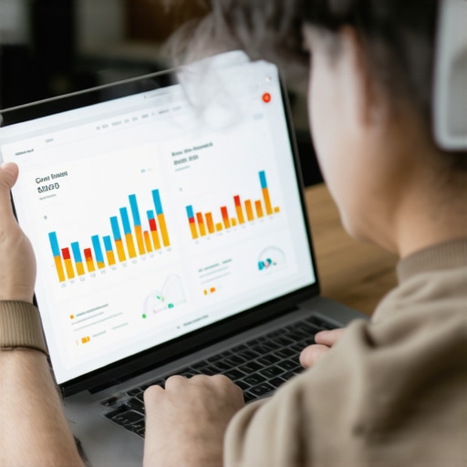 Business owner optimizing Google My Business profile on a laptop with analytics charts