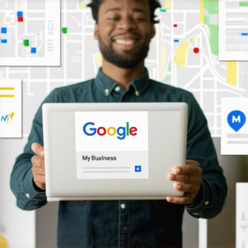 Person updating Google My Business profile on laptop with maps and SEO reports