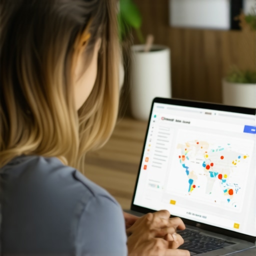 Business owner working on GMB profile with maps and analytics on screen