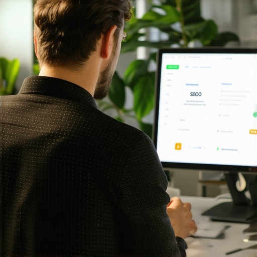 A person managing local SEO data on a computer in a professional office environment
