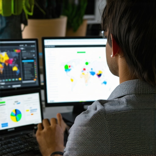 Analyzing Local SEO Data Marketing professional reviewing local search performance analytics on multiple monitors.