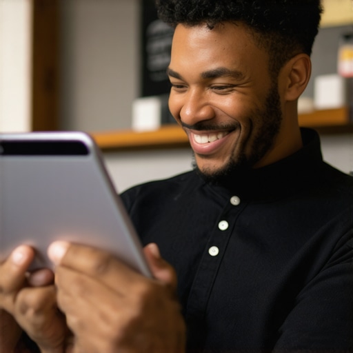 Business owner interacting with positive online reviews on a tablet.