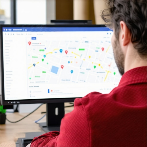 Person optimizing Google My Business profile on a laptop with Google Maps in the background.