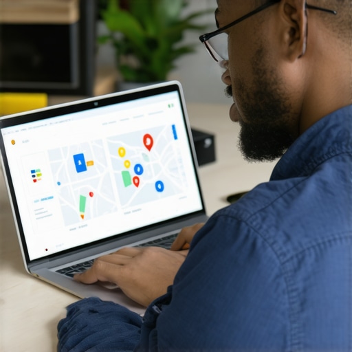 Business owner working on Google My Business profile optimization on a laptop.