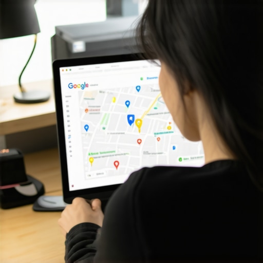 Person editing Google My Business profile on laptop with local maps in background.