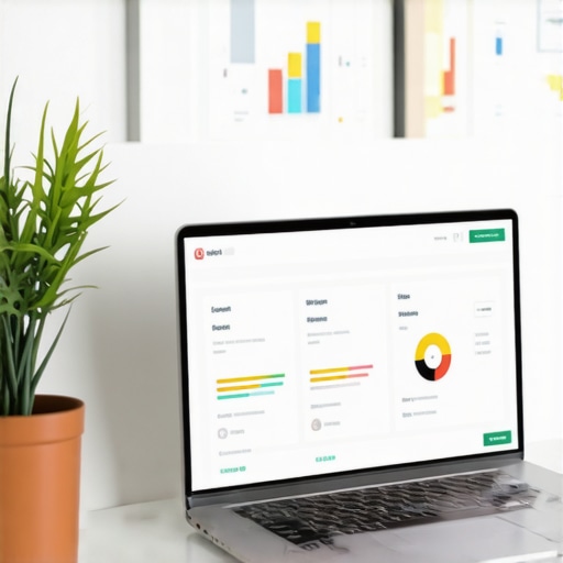 A workspace with SEO analytics dashboards, a laptop displaying local search rankings, and digital marketing tools.