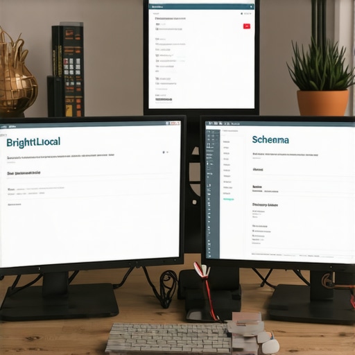 Close-up of SEO dashboards displaying local map rankings and schema markup