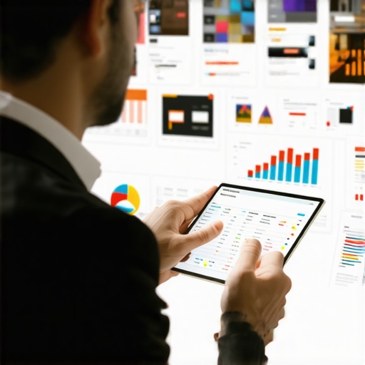 Business owner reviewing local search analytics on a tablet with store photos and charts.