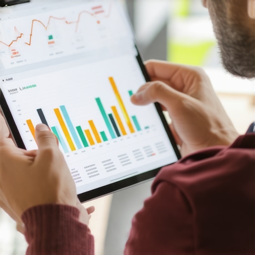 Person reviewing SEO analytics on a tablet with charts and graphs.