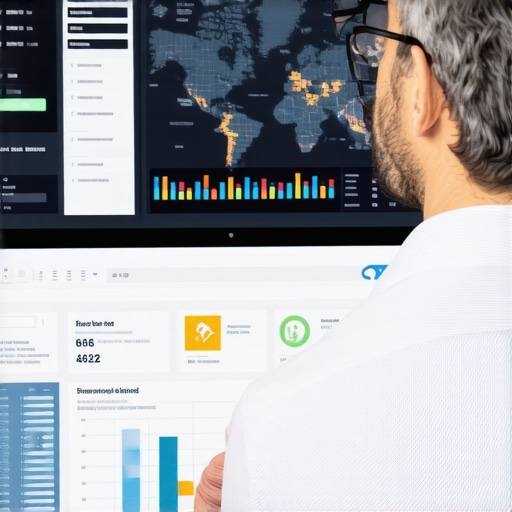 Business owner analyzing local SEO performance on a digital dashboard with maps and graphs.