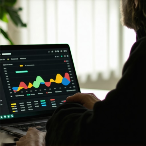 Digital marketer reviewing SEO analytics on a laptop with charts in the background.