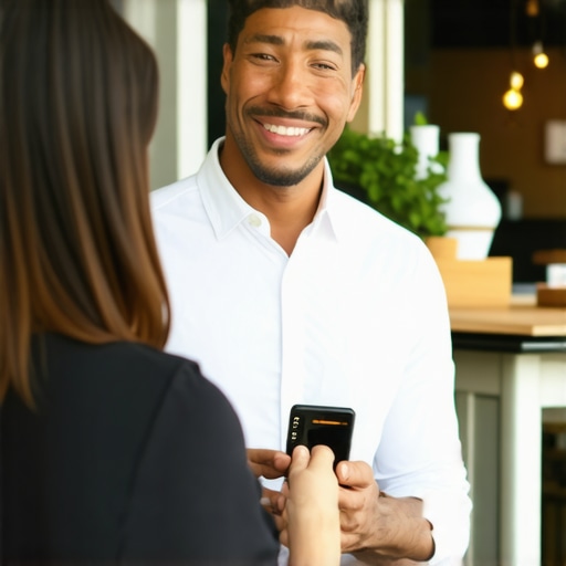 Business owner using NFC check-in system with happy customers at storefront