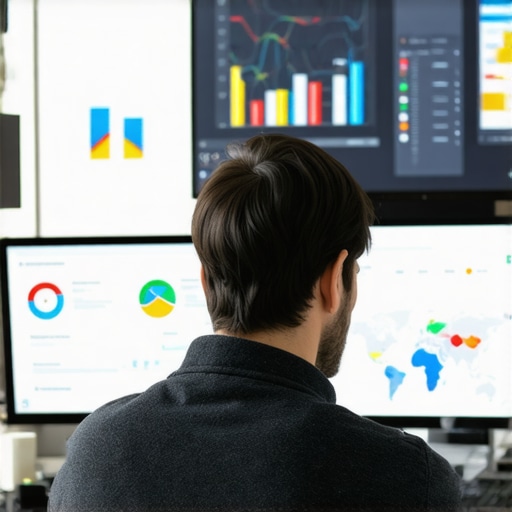 Digital Marketer Analyzing GMB Data Person working on digital marketing analytics and local SEO optimization with multiple screens showing maps and data charts.