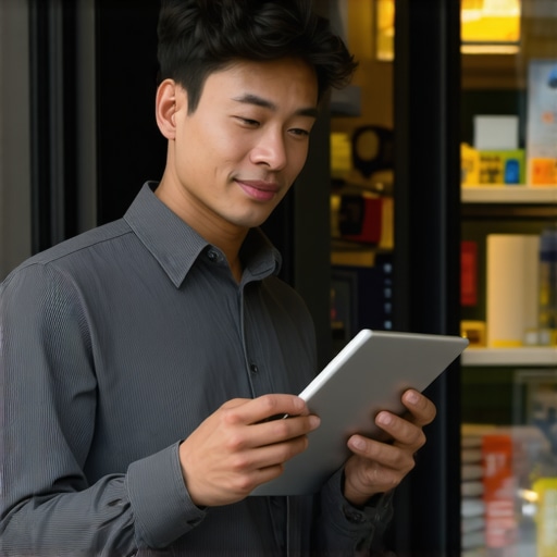 Shop owner using tablet to gather customer reviews inside a lively storefront with happy customers