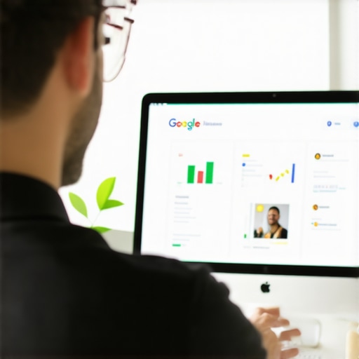 Business owner updating GMB profile with images and analytics on computer screen.