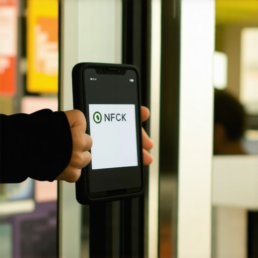 Person using smartphone to tap NFC tag at storefront entrance