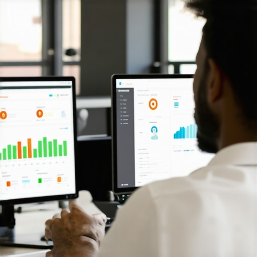 A digital marketer working on local SEO analytics with focus on Google My Business dashboard in an office.
