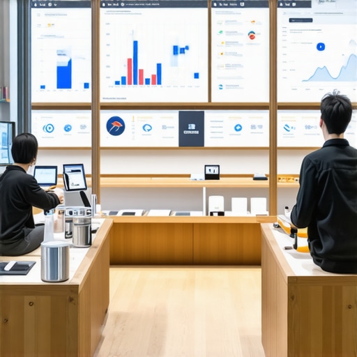 A retail store with visible sensors and a digital dashboard displaying real-time foot traffic and customer engagement metrics.