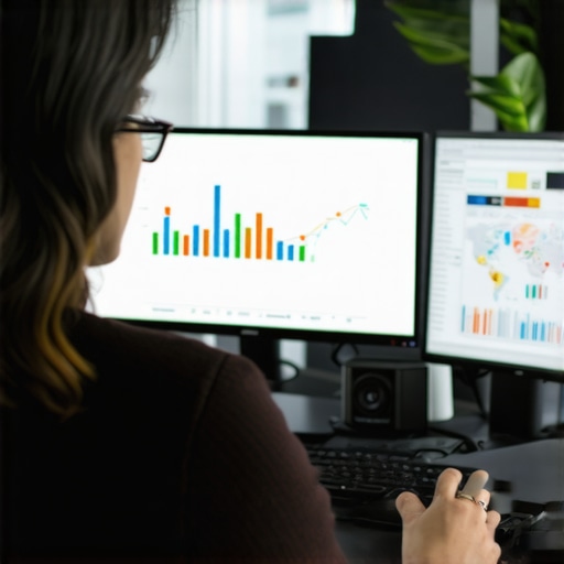 A professional analyzing local SEO metrics on digital screens, emphasizing tools for GMB maintenance.