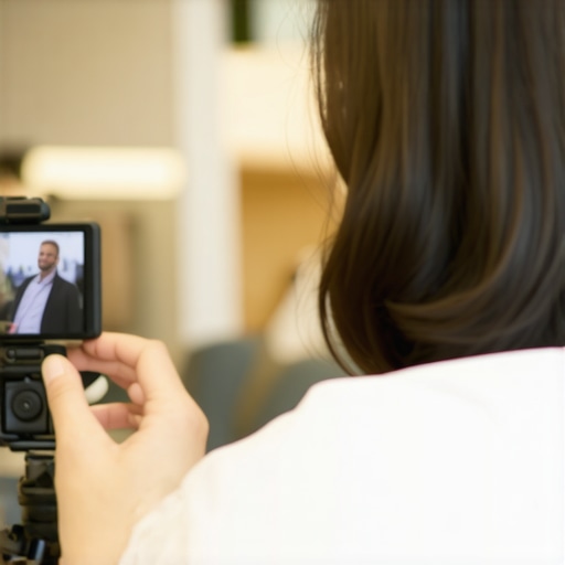 Customer recording a video review inside a business with natural lighting.