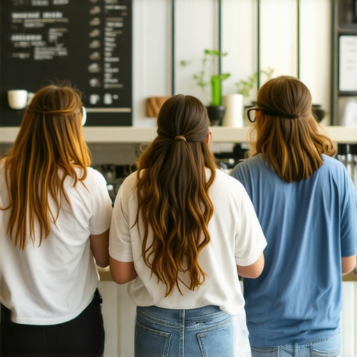 Happy customers writing reviews with targeted keywords at a coffee shop